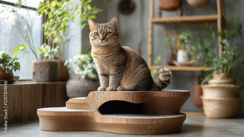Cozy orange cat resting on a modern wood wave-shaped cat bed in a bright room