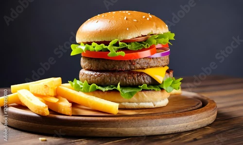 Double cheeseburger with fries on a wooden tray, hearty meal featuring a juicy burger and crispy fries, perfect for menu design, food ads, or blog content photo