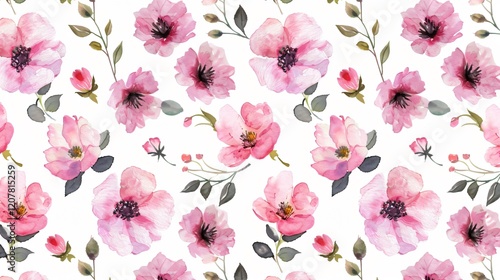 Elegant Seamless Pattern with Watercolor Pink Flowers Botanical