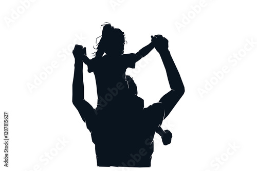 Child sits on father's shoulders, silhouette black and white vector illustration