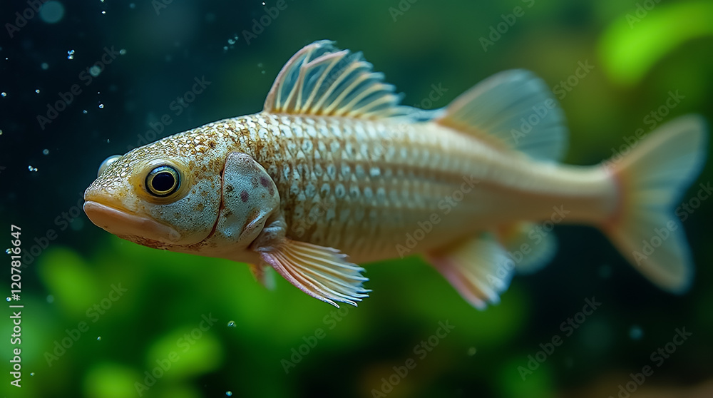 The freshwater fish displays vibrant colors as it swims through its underwater environment surrounded by green aquatic plants. Bubbles float around, adding to the lively atmosphere. The freshwater fish displays vibrant colors as it swims through its underwater environment surrounded by green aquatic plants. Bubbles float around, adding to the lively atmosphere.