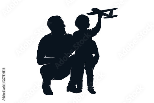 Father dad and child son daughter playing plane toy, silhouette black and white vector illustration