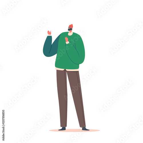 Single Male Character Wear Green Winter Sweater And Knit Hat Isolated On White Background. Positive Fashioned Man