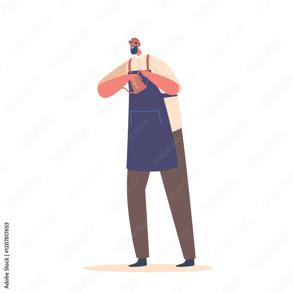 Hipster Barista Pouring Coffee Isolated On White Background. Smiling Male Character Bartender Wear Apron Work In Cafe Hipster Barista Pouring Coffee Isolated On White Background. Smiling Male Character Bartender Wear Apron Work In Cafe