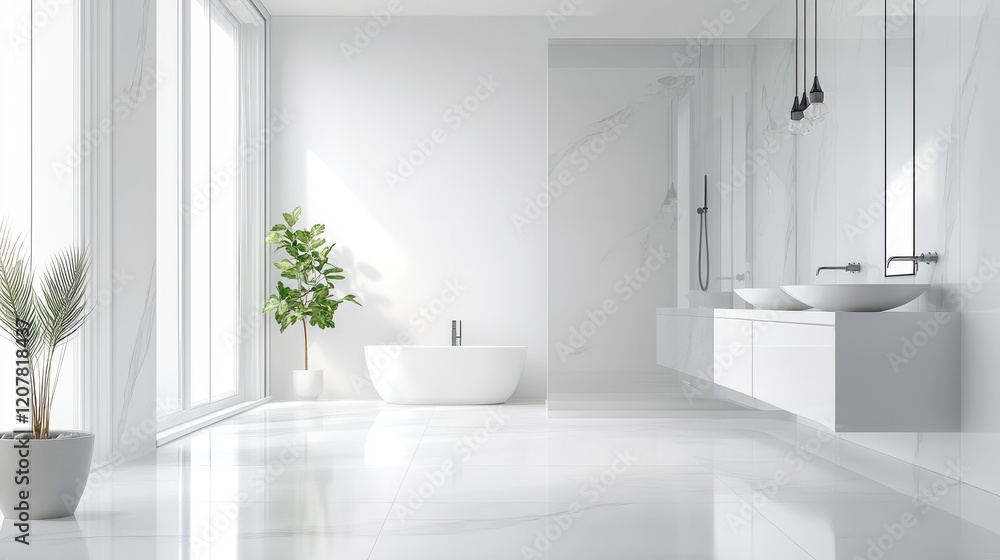 Fototapeta premium A pristine white bathroom featuring a double sink, emphasizing clean lines and a modern design.