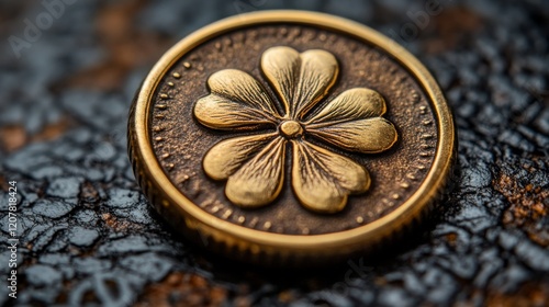Elegant bronze coin featuring intricate floral design on textured dark surface