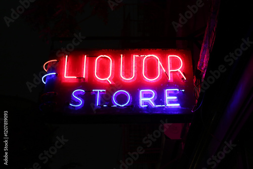 Old Neon Liquor Store advertising sign in Tribeca, Manhattan, New York City, United States of America photo