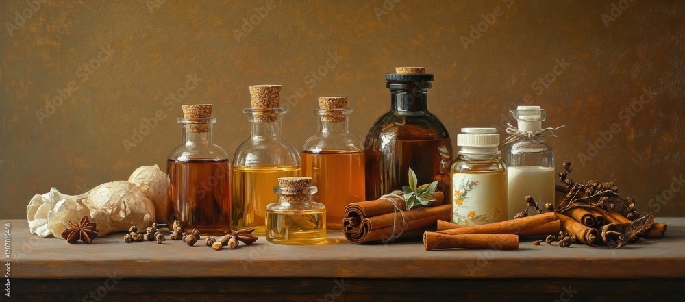 Aromatic Still Life: Collection of Essential Oils and Spices Aromatic Still Life: Collection of Essential Oils and Spices