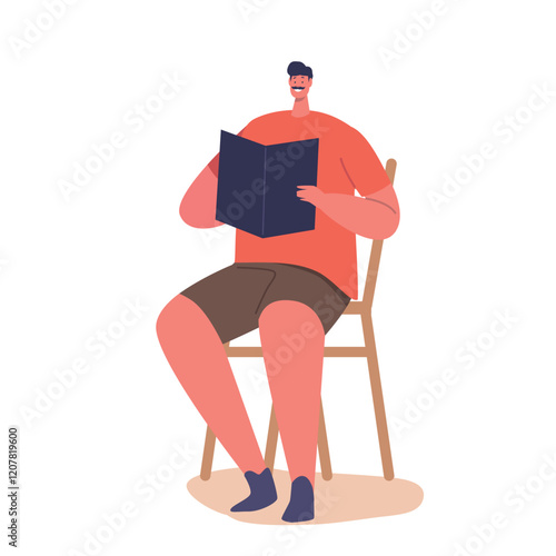 Male Character Sitting on Chair Reading the Book Isolated on White Background. Man Relax with Reading Recreation