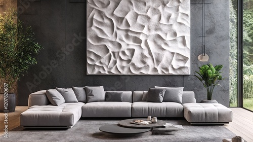 A modern living room with a gray couch and a large white textured wall hanging above it. photo