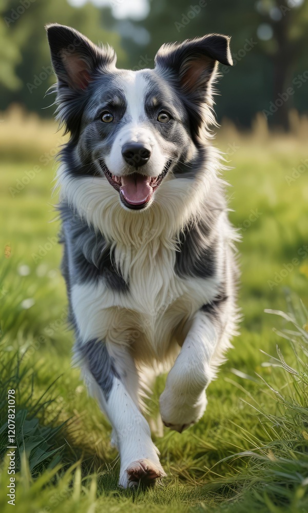 Blue merle border collie running in the grass, pet animal movement , dog exercise Blue merle border collie running in the grass, pet animal movement , dog exercise