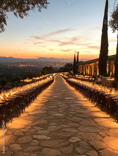 Enchanting outdoor dinner setting with long tables, glowing candles, and scenic sunset views. Rustic stone path, romantic ambiance photo