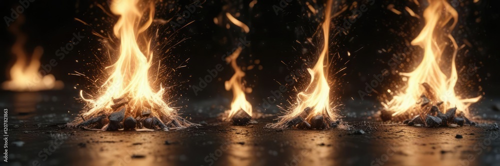 Close-up of individual fire sparks on a black surface with subtle color variations, fire element, ember, spark, detail Close-up of individual fire sparks on a black surface with subtle color variations, fire element, ember, spark, detail