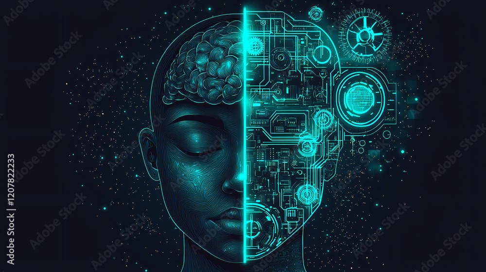 Obraz premium A serene half-human, half-machine face, the left side showing a peaceful human visage with closed eyes, and the right side transitioning into glowing neon teal circuits, gears, and holographic element