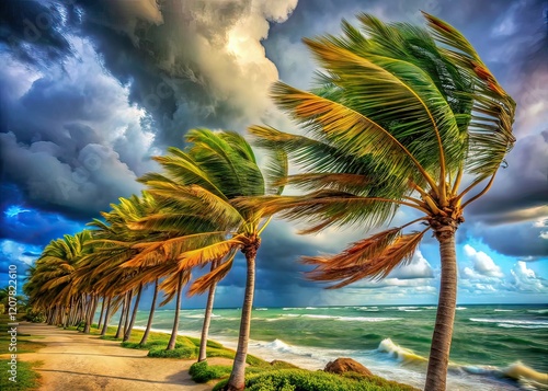 Hurricane Palm Trees Coastal Wind Gusts Dramatic Photo photo