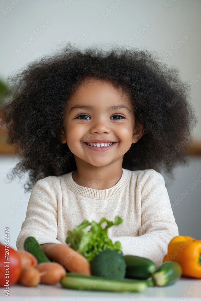 A young girl is sitting at a table with a variety of vegetables, including carrots, broccoli, and peppers. She is smiling and she is enjoying the healthy food A young girl is sitting at a table with a variety of vegetables, including carrots, broccoli, and peppers. She is smiling and she is enjoying the healthy food