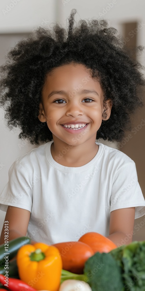 A young girl with curly hair is smiling and holding a basket of vegetables. The vegetables include broccoli, peppers, and carrots. Concept of happiness and positivity A young girl with curly hair is smiling and holding a basket of vegetables. The vegetables include broccoli, peppers, and carrots. Concept of happiness and positivity