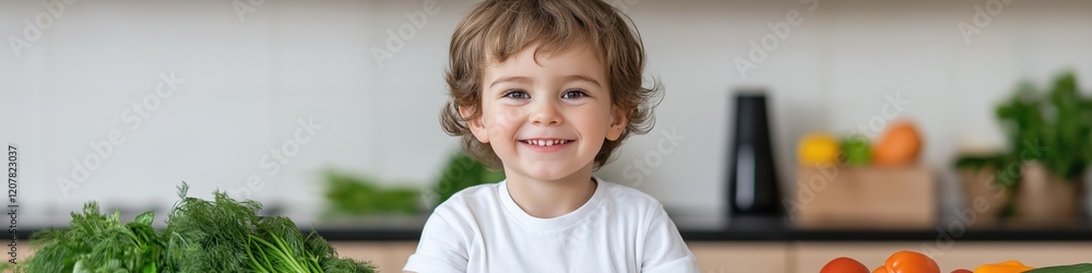 A young boy is smiling and posing in front of a table full of vegetables. The vegetables include broccoli, carrots, and oranges. The boy appears to be happy A young boy is smiling and posing in front of a table full of vegetables. The vegetables include broccoli, carrots, and oranges. The boy appears to be happy