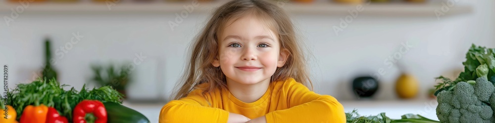 A young girl is sitting in front of a table full of vegetables. She is smiling and looking at the camera A young girl is sitting in front of a table full of vegetables. She is smiling and looking at the camera
