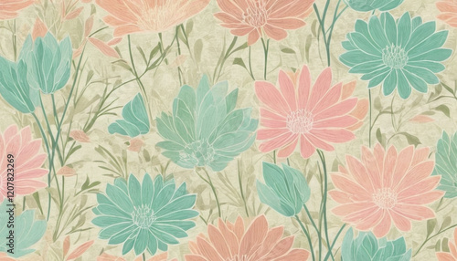 Wallpaper Mural Abstract floral pattern with teal, pink flowers on soft background Torontodigital.ca