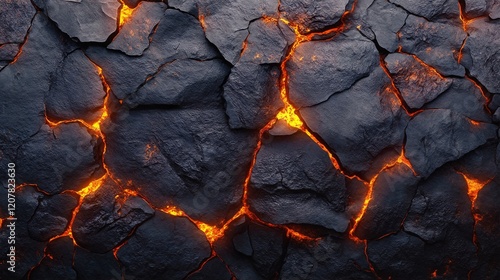 The image shows a close-up of a dark gray rock with bright orange cracks. photo