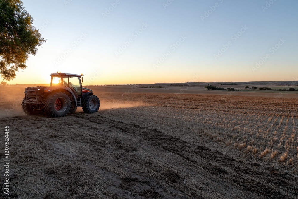 Obraz premium The image captures a tractor leaving a trail of dust in a harvested cereal field, symbolizing the ongoing cycle of agriculture and the relationship between land and labor in farming.