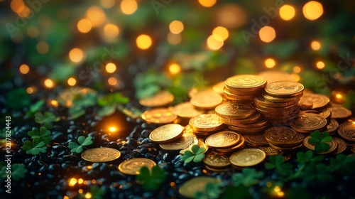 Golden coins stacked on green grass illuminated by sunlight during early evening