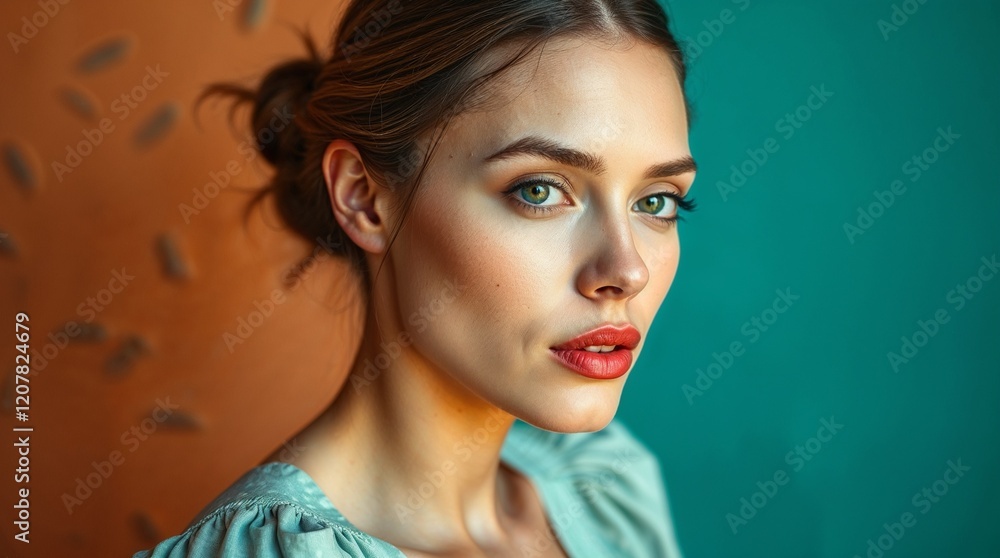 Naklejka premium Beautiful young woman with captivating eyes posing gracefully against contrasting colorful background