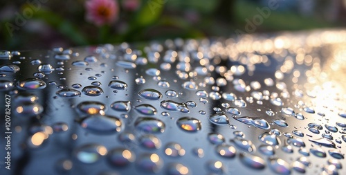 Water droplets on a reflective surface capturing floral reflections in soft daylight
