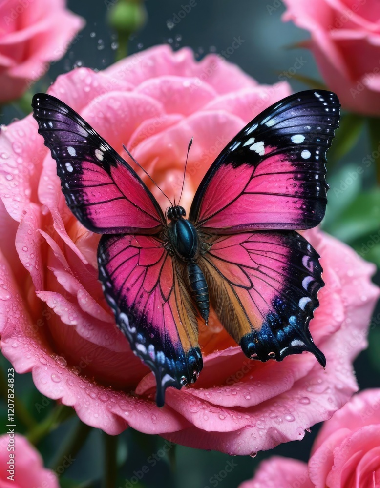 Naklejka premium Beautiful butterfly resting on a bright pink rose with dew drops and soft focus, flower, texture, beauty