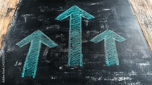 Arrows drawn in chalk pointing upwards on a blackboard background conveying g...