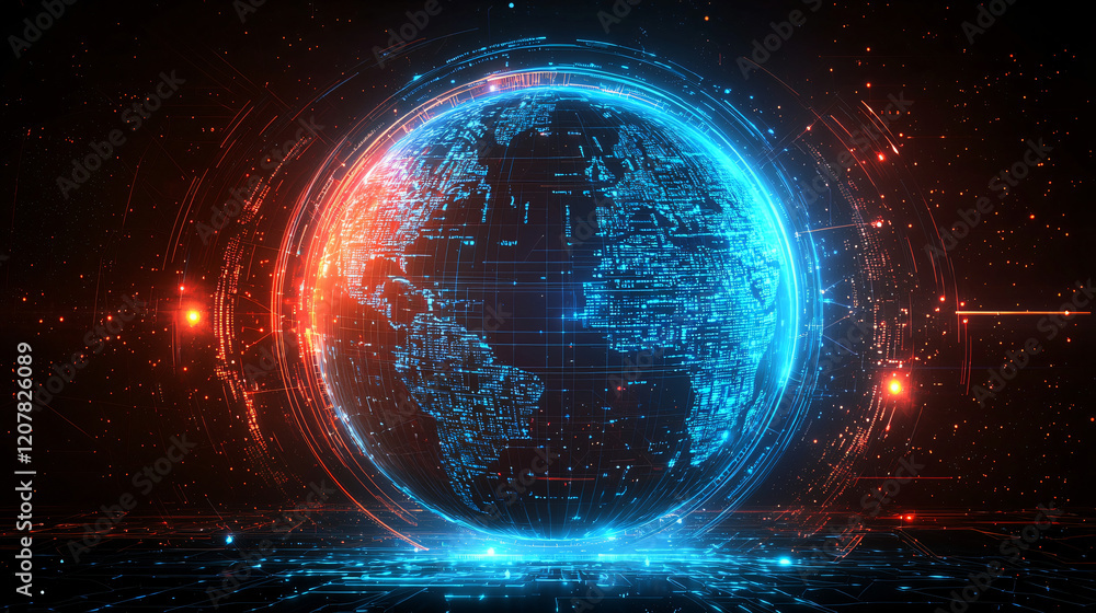 Obraz premium A futuristic digital globe glowing with blue and red hues, featuring intricate data lines and a holographic effect, set against a dark background.