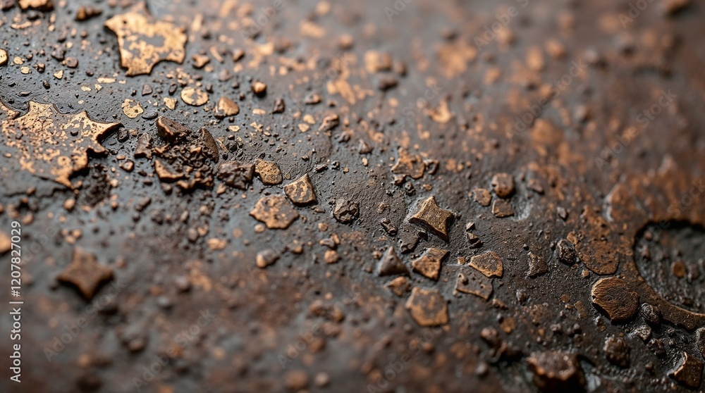 Close-up shot of textured surface with rust and metallic flakes showcasing natural weathering Close-up shot of textured surface with rust and metallic flakes showcasing natural weathering