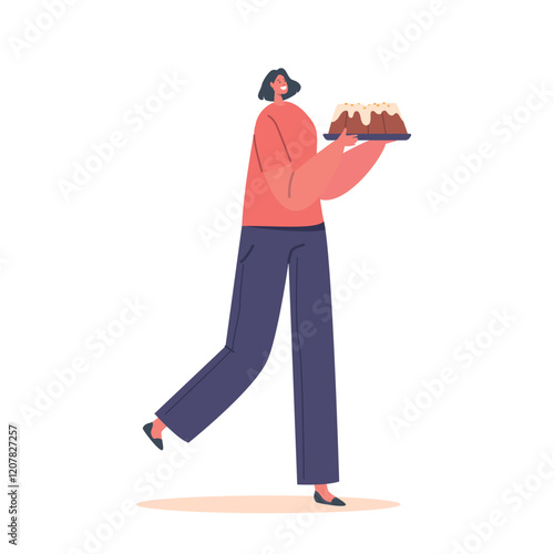 Female Character Carry Easter Cake Isolated on White Background. Woman Prepare for Spring Holiday Celebration