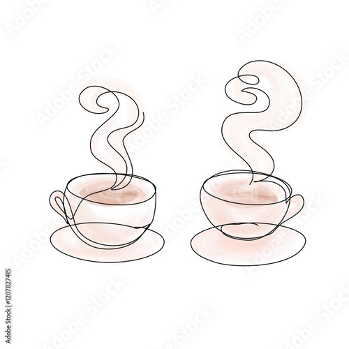 Coffee Cups in Continuous Line Art Style with editable Stroke. Simple Art for Cafe, Restaurants. Minimalistic Vector Design.
