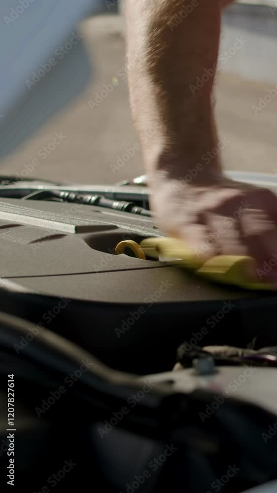 Car service technician wipes vehicle engine with rag Car service technician wipes vehicle engine with rag