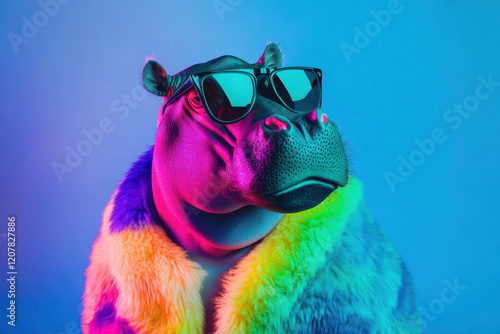 Stylish hippo wearing black sunglasses and a vibrant rainbow fur coat, posing in neon lighting for a colorful and bold look.