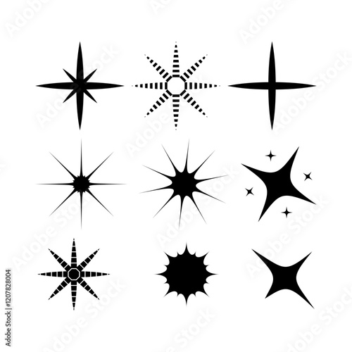 Stars sparkle with hues of , gold, and even hints. Shining twinkle sunburst stars sparkle shape. Stars icon Collection. Glowing light effect, y2k style basic shapes geometric graphic vector.