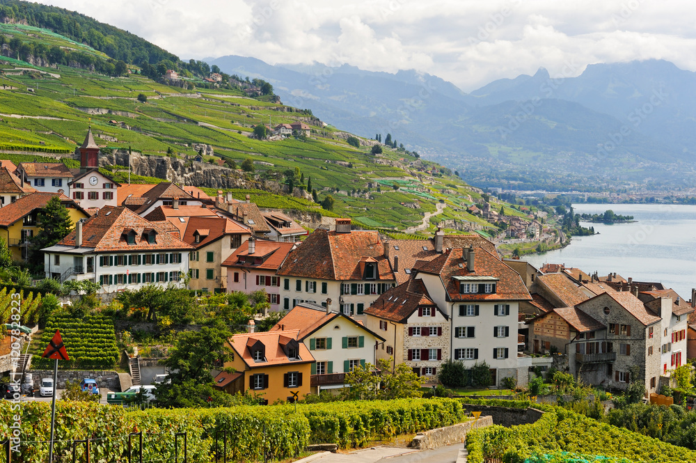 Village of Rivaz in middle of Vineyard terraces of Lavaux on the bank of Lake Leman, near Lausanne, Canton of Vaud, Switzerland Village of Rivaz in middle of Vineyard terraces of Lavaux on the bank of Lake Leman, near Lausanne, Canton of Vaud, Switzerland