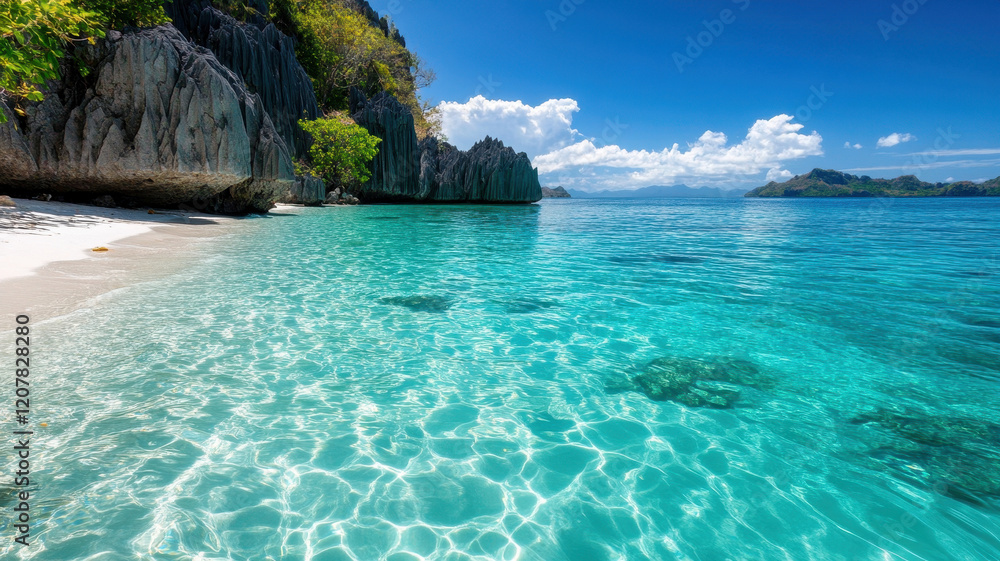 Obraz premium scenic tropical lagoon with clear turquoise water, surrounded by rocky cliffs and lush greenery, creating serene and inviting atmosphere