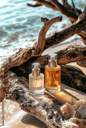 Skin care products on a background of sand, sea and wood