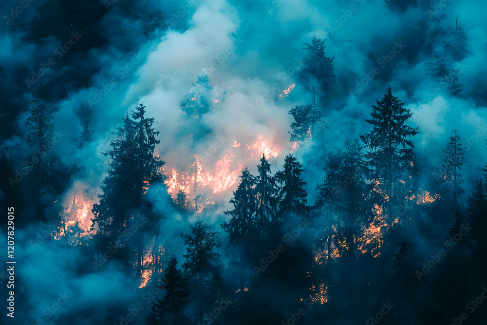 Trees engulfed in fire amid bluish smoke, top view. Forest fires. Trees engulfed in fire amid bluish smoke, top view. Forest fires.