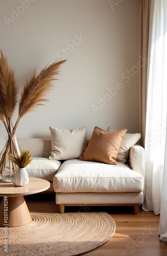 Boho bedroom interior. Wooden photo frame layout on old bedside table. Vase with dry grass Bed linen made of beige linen photo