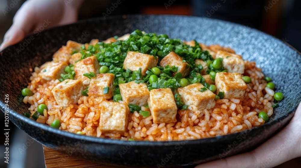 Savory tofu and pea rice bowl. Savory tofu and pea rice bowl.