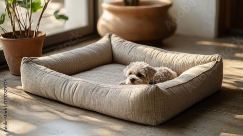 Dog relaxing on a cozy pet bed with a plush toy in a modern living room setting