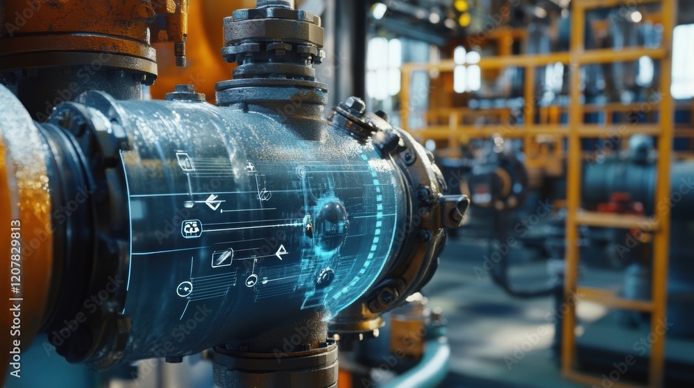 Futuristic industrial pipeline monitoring system analyzing data flow and optimizing efficiency while ensuring safety in a modern factory environment Futuristic industrial pipeline monitoring system analyzing data flow and optimizing efficiency while ensuring safety in a modern factory environment