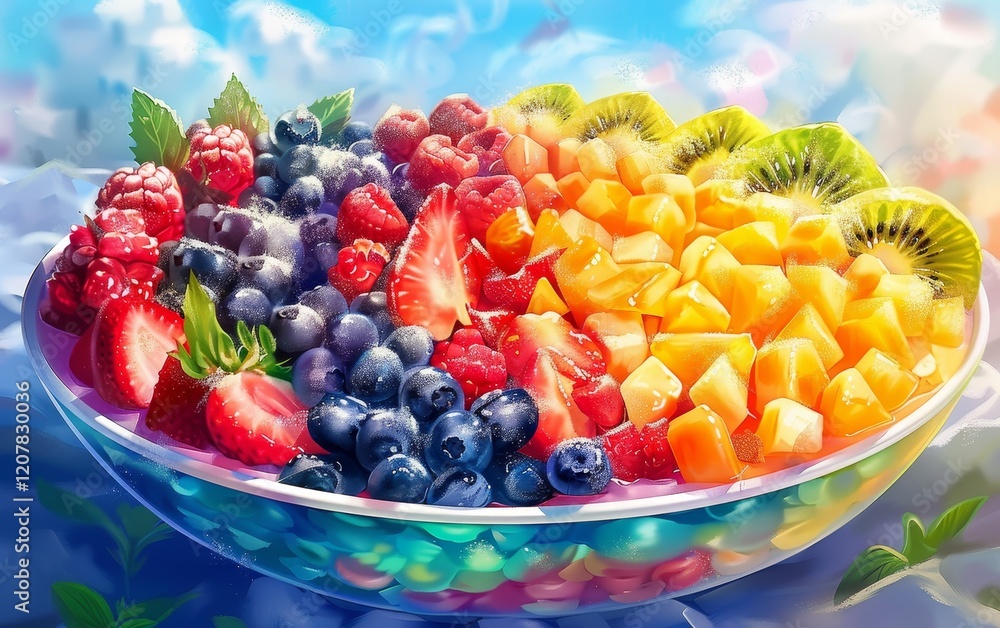 A colorful bowl overflowing with fresh summer fruits including blueberries, raspberries, strawberries, kiwi, and mango. A colorful bowl overflowing with fresh summer fruits including blueberries, raspberries, strawberries, kiwi, and mango.