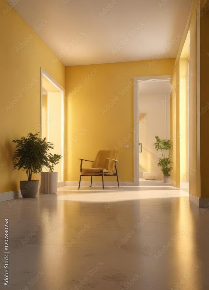 Fototapeta premium An extremely bright yellow light illuminates a room with minimal decor, happy mood, optimistic vibe