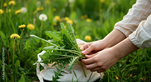 Woman gathering fresh dandelion greens in a field, promoting sustainable foraging and healthy lifestyle choices