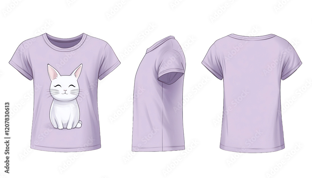 light purple girls' t-shirt mockup with cute animal graphic, front, back, and side views, transparent background light purple girls' t-shirt mockup with cute animal graphic, front, back, and side views, transparent background